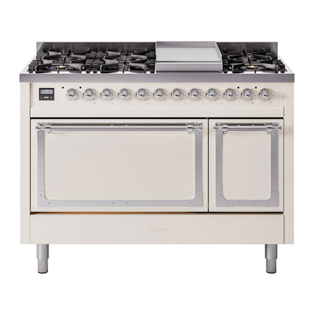 ILVE Nostalgie II Noblesse 48" Antique White Dual Fuel Range with 8 Burners and Griddle Solid Door Natural Gas