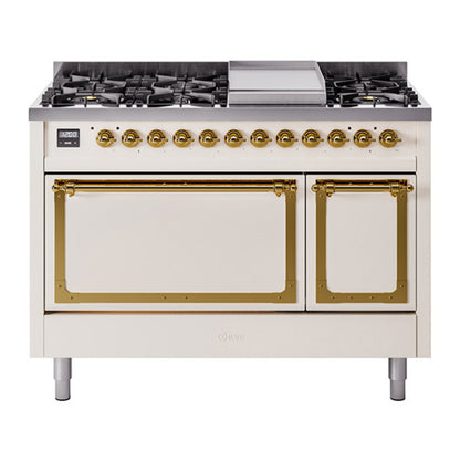 ILVE Nostalgie II Noblesse 48" Antique White Dual Fuel Range with 8 Burners and Griddle Solid Door Liquid Propane