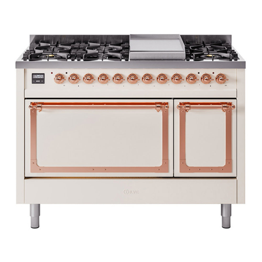 ILVE Nostalgie II Noblesse 48" Antique White Dual Fuel Range with 8 Burners and Griddle Solid Door Liquid Propane