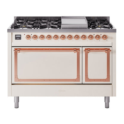 ILVE Nostalgie II Noblesse 48" Antique White Dual Fuel Range with 8 Burners and Griddle Solid Door Liquid Propane
