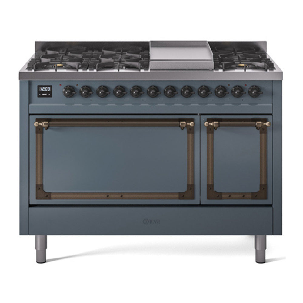 ILVE Nostalgie II Noblesse 48" Blue Grey Dual Fuel Range with 8 Burners and Griddle Solid Door Liquid Propane