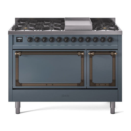 ILVE Nostalgie II Noblesse 48" Blue Grey Dual Fuel Range with 8 Burners and Griddle Solid Door Natural Gas