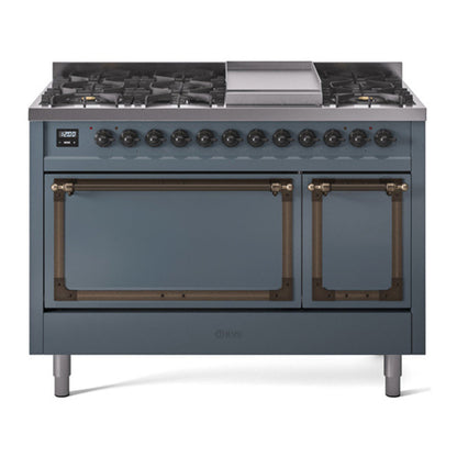 ILVE Nostalgie II Noblesse 48" Blue Grey Dual Fuel Range with 8 Burners and Griddle Solid Door Natural Gas