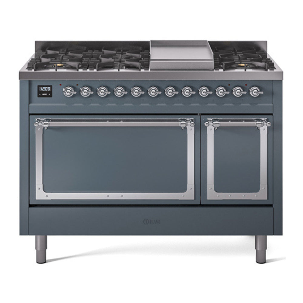 ILVE Nostalgie II Noblesse 48" Blue Grey Dual Fuel Range with 8 Burners and Griddle Solid Door Liquid Propane