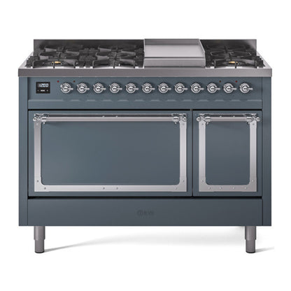 ILVE Nostalgie II Noblesse 48" Blue Grey Dual Fuel Range with 8 Burners and Griddle Solid Door Liquid Propane