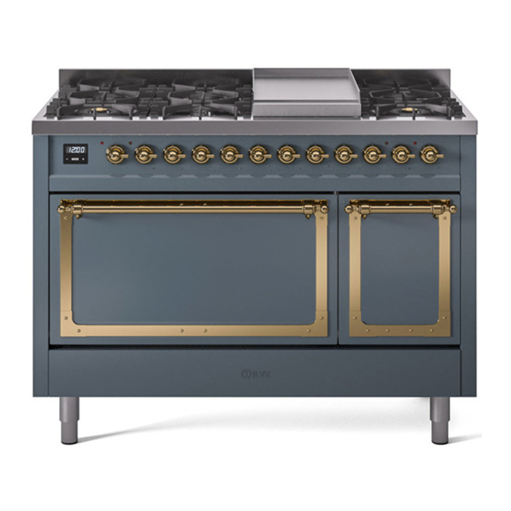 ILVE Nostalgie II Noblesse 48" Blue Grey Dual Fuel Range with 8 Burners and Griddle Solid Door Liquid Propane