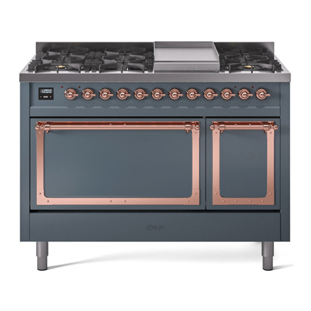 ILVE Nostalgie II Noblesse 48" Blue Grey Dual Fuel Range with 8 Burners and Griddle Solid Door Natural Gas