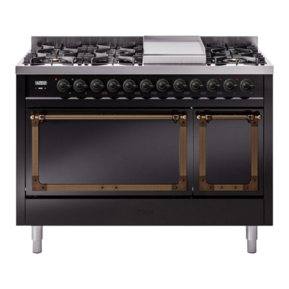 ILVE Nostalgie II Noblesse 48" Glossy Black Dual Fuel Range with 8 Burners and Griddle Solid Door Natural Gas