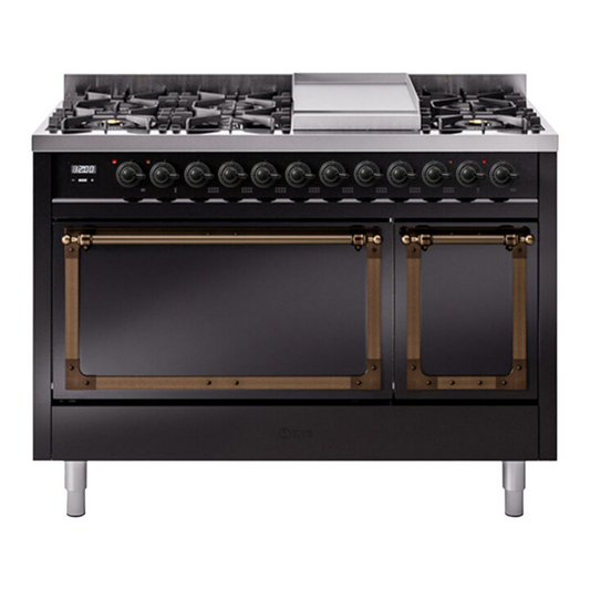 ILVE Nostalgie II Noblesse 48" Glossy Black Dual Fuel Range with 8 Burners and Griddle Solid Door Natural Gas