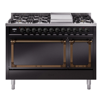 ILVE Nostalgie II Noblesse 48" Glossy Black Dual Fuel Range with 8 Burners and Griddle Solid Door Natural Gas