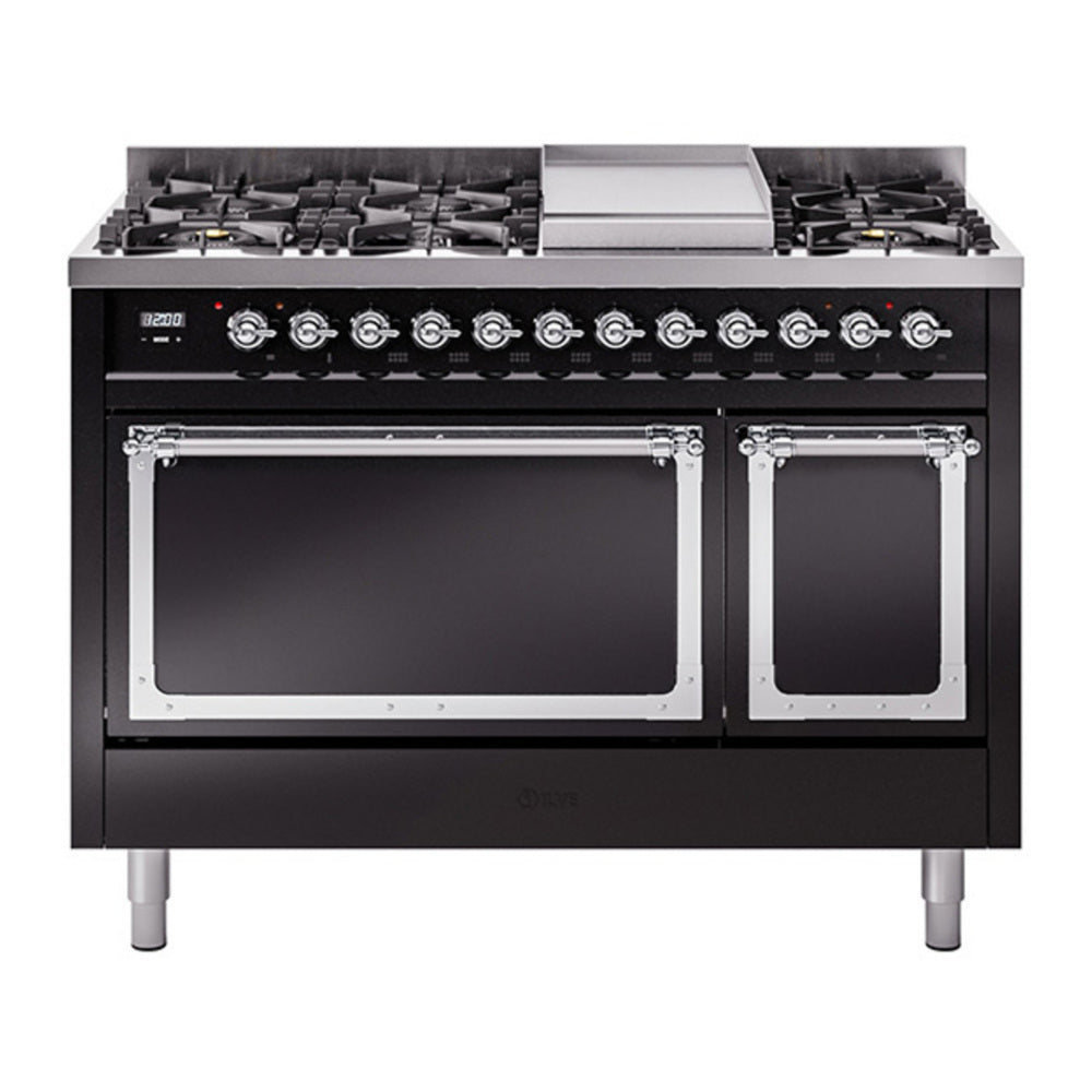 ILVE Nostalgie II Noblesse 48" Glossy Black Dual Fuel Range with 8 Burners and Griddle Solid Door Natural Gas