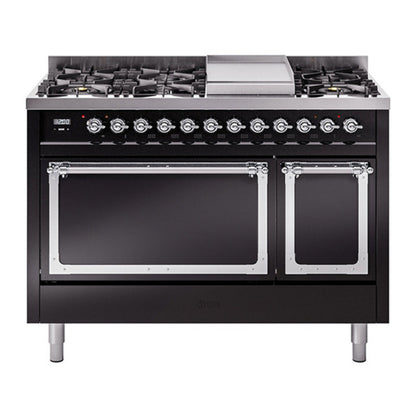 ILVE Nostalgie II Noblesse 48" Glossy Black Dual Fuel Range with 8 Burners and Griddle Solid Door Natural Gas