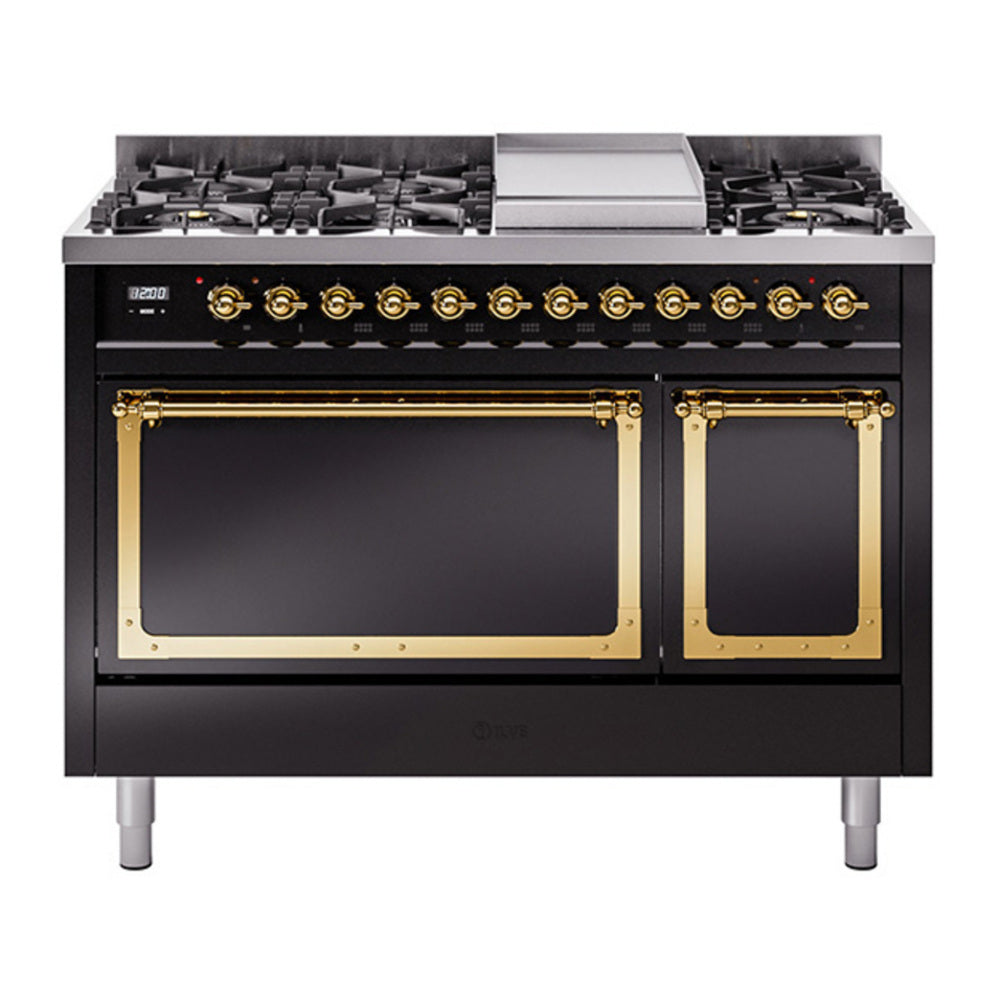 ILVE Nostalgie II Noblesse 48" Glossy Black Dual Fuel Range with 8 Burners and Griddle Solid Door Natural Gas