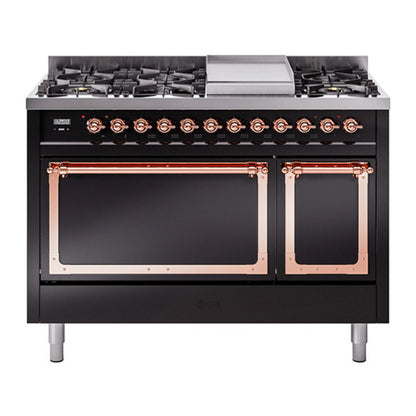 ILVE Nostalgie II Noblesse 48" Glossy Black Dual Fuel Range with 8 Burners and Griddle Solid Door Natural Gas