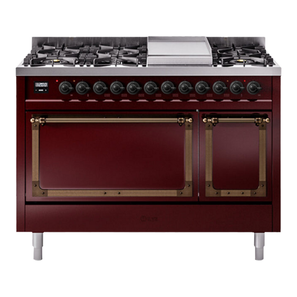 ILVE Nostalgie II Noblesse 48" Burgundy Dual Fuel Range with 8 Burners and Griddle Solid Door Natural Gas