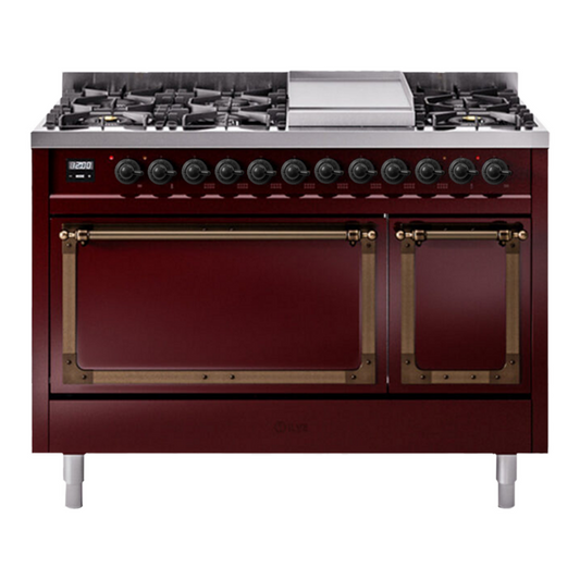 ILVE Nostalgie II Noblesse 48" Burgundy Dual Fuel Range with 8 Burners and Griddle Solid Door Natural Gas