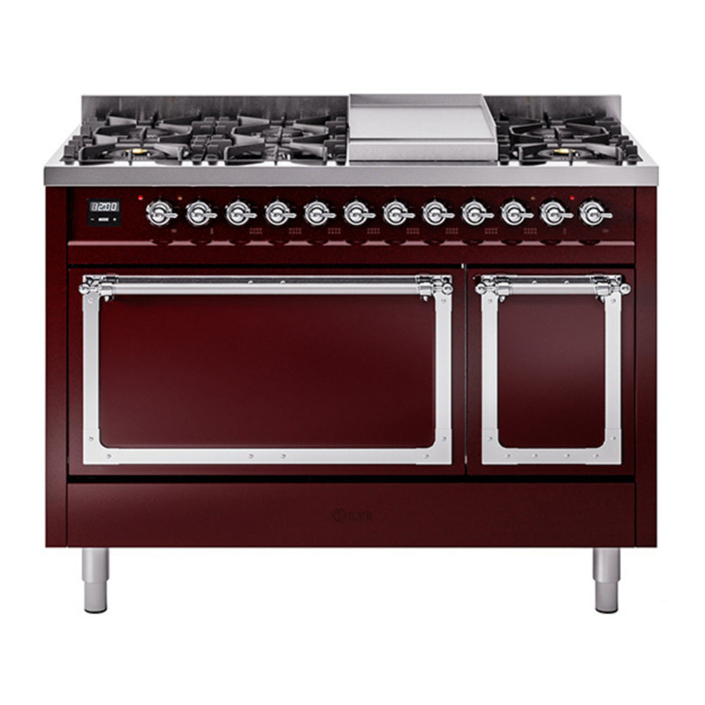 ILVE Nostalgie II Noblesse 48" Burgundy Dual Fuel Range with 8 Burners and Griddle Solid Door Natural Gas
