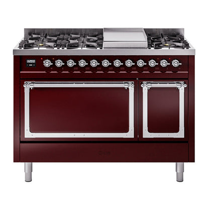 ILVE Nostalgie II Noblesse 48" Burgundy Dual Fuel Range with 8 Burners and Griddle Solid Door Natural Gas