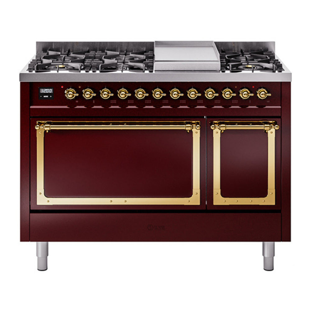 ILVE Nostalgie II Noblesse 48" Burgundy Dual Fuel Range with 8 Burners and Griddle Solid Door Natural Gas