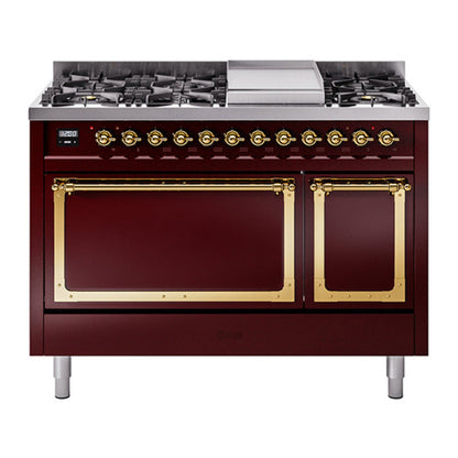 ILVE Nostalgie II Noblesse 48" Burgundy Dual Fuel Range with 8 Burners and Griddle Solid Door Natural Gas