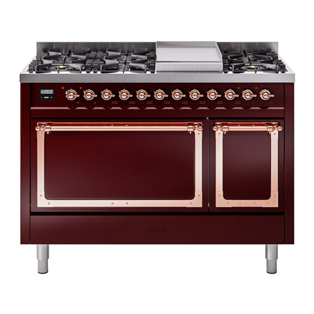 ILVE Nostalgie II Noblesse 48" Burgundy Dual Fuel Range with 8 Burners and Griddle Solid Door Natural Gas