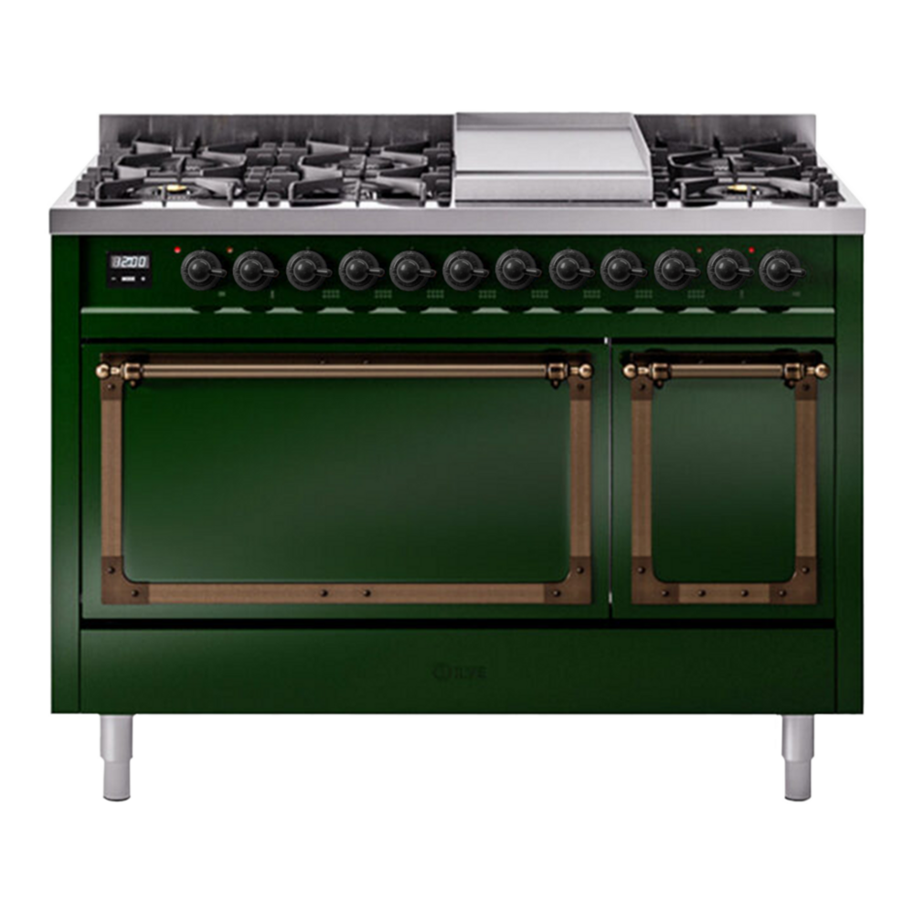 ILVE Nostalgie II Noblesse 48" Emerald Green Dual Fuel Range with 8 Burners and Griddle Solid Door Natural Gas