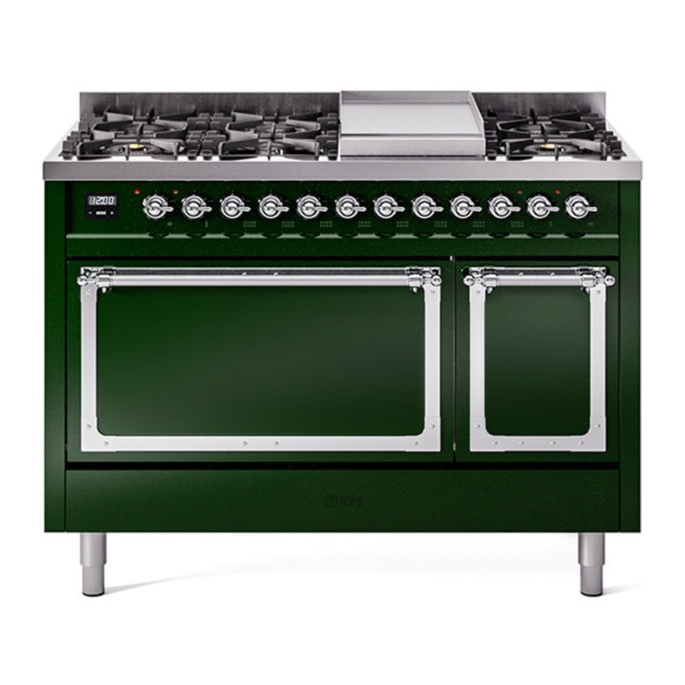 ILVE Nostalgie II Noblesse 48" Emerald Green Dual Fuel Range with 8 Burners and Griddle Solid Door Natural Gas