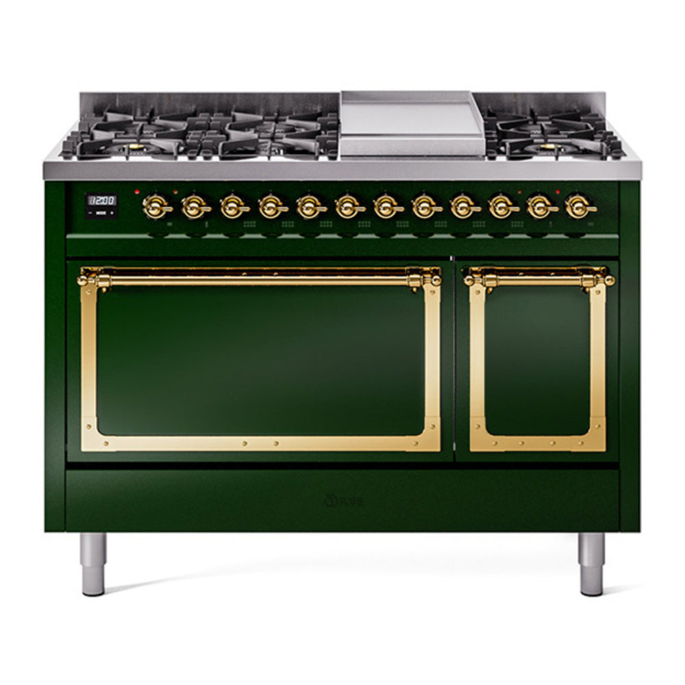 ILVE Nostalgie II Noblesse 48" Emerald Green Dual Fuel Range with 8 Burners and Griddle Solid Door Natural Gas