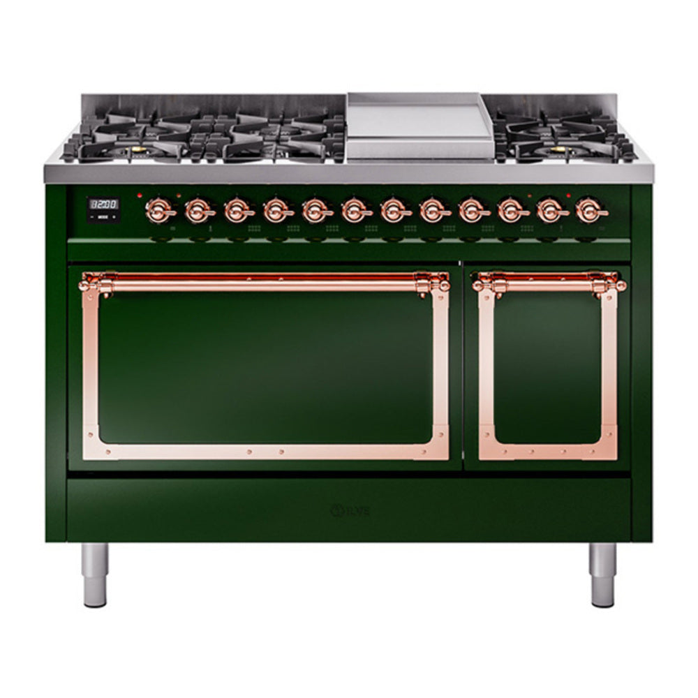 ILVE Nostalgie II Noblesse 48" Emerald Green Dual Fuel Range with 8 Burners and Griddle Solid Door Natural Gas