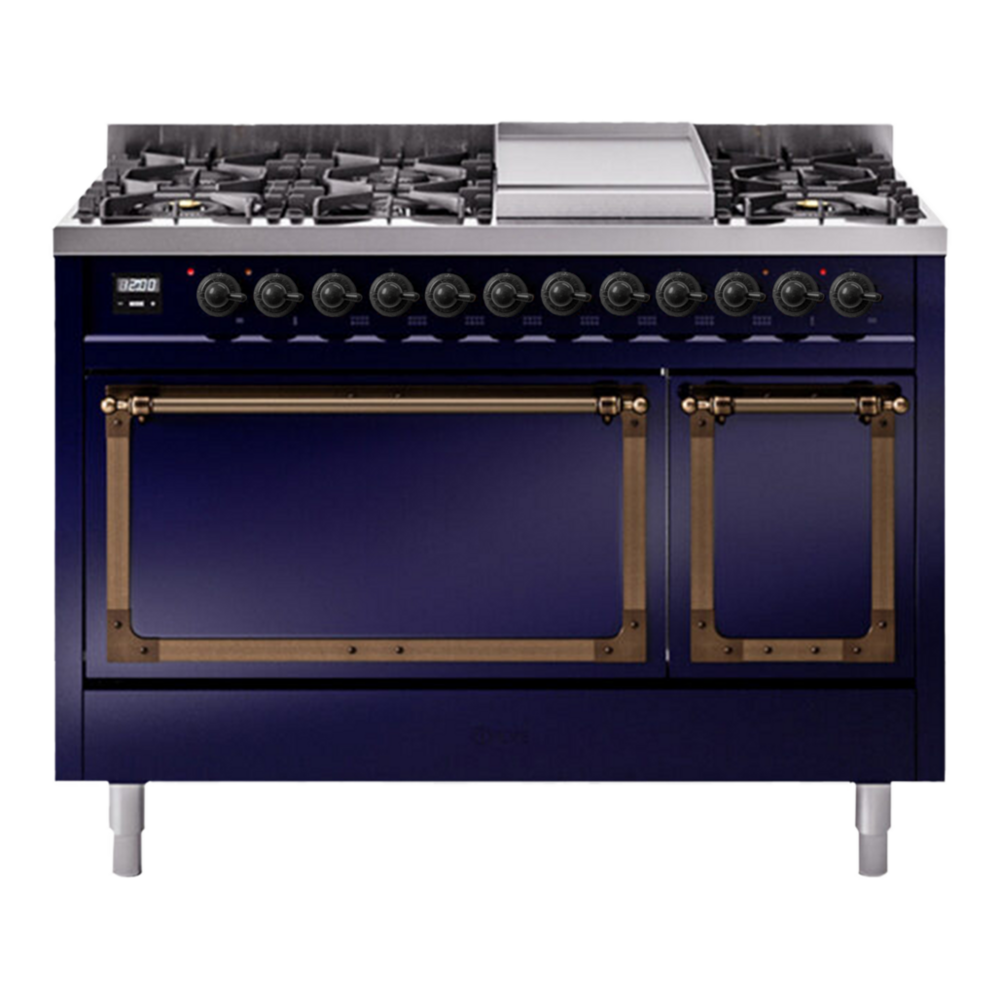 ILVE Nostalgie II Noblesse 48" Midnight Blue Dual Fuel Range with 8 Burners and Griddle Solid Door Natural Gas