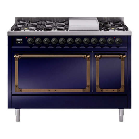 ILVE Nostalgie II Noblesse 48" Midnight Blue Dual Fuel Range with 8 Burners and Griddle Solid Door Natural Gas