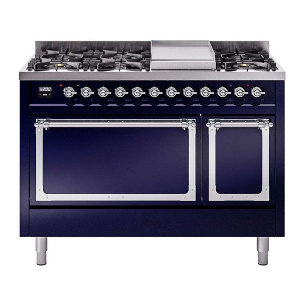 ILVE Nostalgie II Noblesse 48" Midnight Blue Dual Fuel Range with 8 Burners and Griddle Solid Door Natural Gas