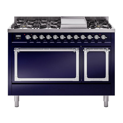 ILVE Nostalgie II Noblesse 48" Midnight Blue Dual Fuel Range with 8 Burners and Griddle Solid Door Natural Gas