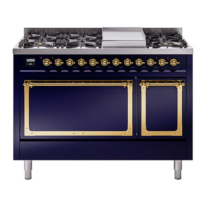 ILVE Nostalgie II Noblesse 48" Midnight Blue Dual Fuel Range with 8 Burners and Griddle Solid Door Natural Gas