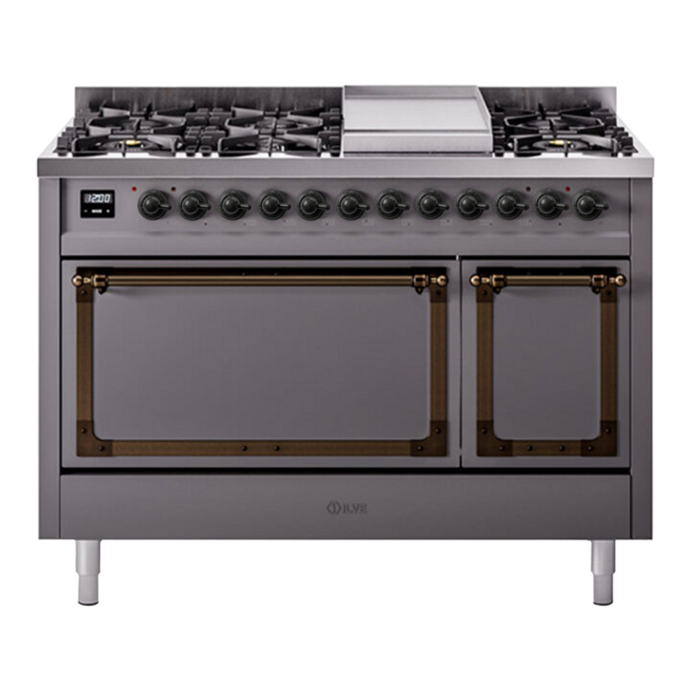 ILVE Nostalgie II Noblesse 48" Graphite Matte Dual Fuel Range with 8 Burners and Griddle Solid Door Natural Gas