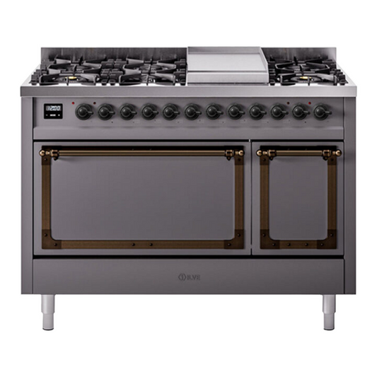ILVE Nostalgie II Noblesse 48" Graphite Matte Dual Fuel Range with 8 Burners and Griddle Solid Door Natural Gas