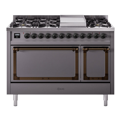 ILVE Nostalgie II Noblesse 48" Graphite Matte Dual Fuel Range with 8 Burners and Griddle Solid Door Natural Gas