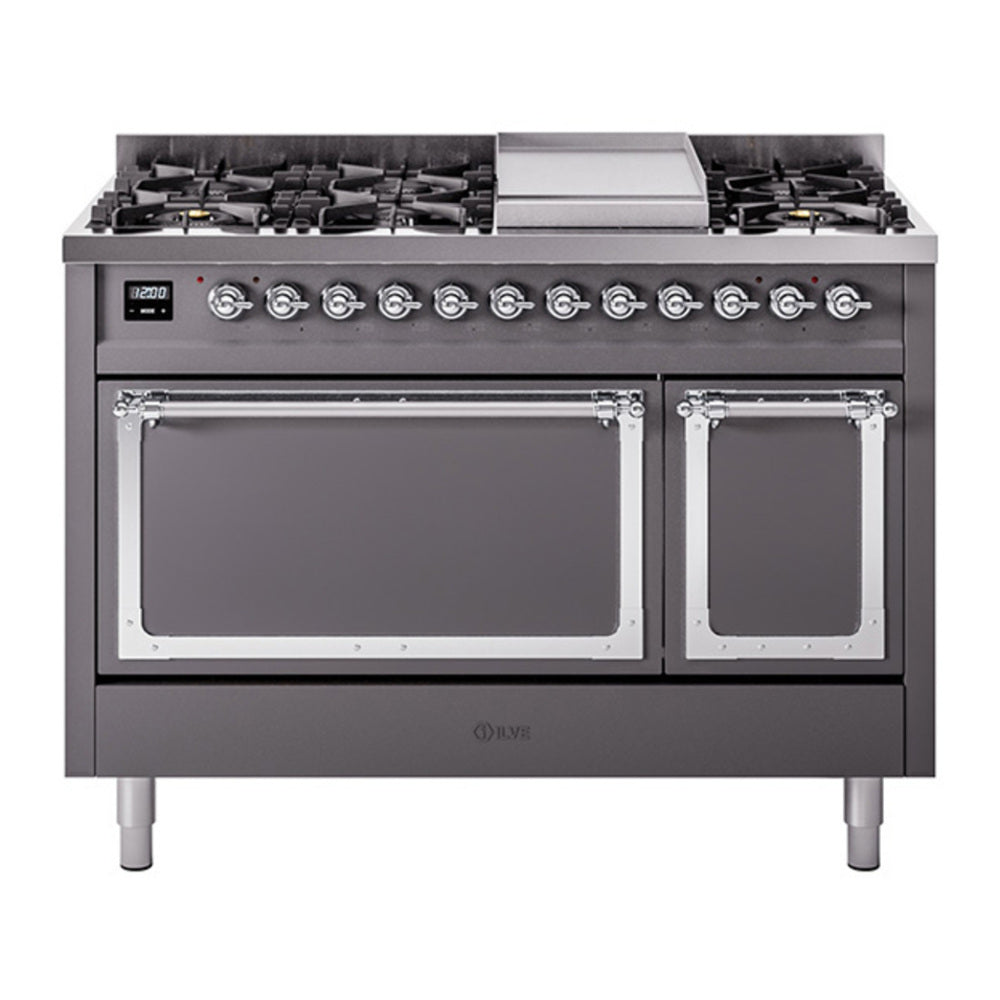 ILVE Nostalgie II Noblesse 48" Graphite Matte Dual Fuel Range with 8 Burners and Griddle Solid Door Natural Gas