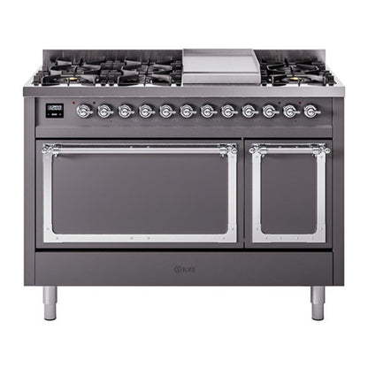 ILVE Nostalgie II Noblesse 48" Graphite Matte Dual Fuel Range with 8 Burners and Griddle Solid Door Natural Gas