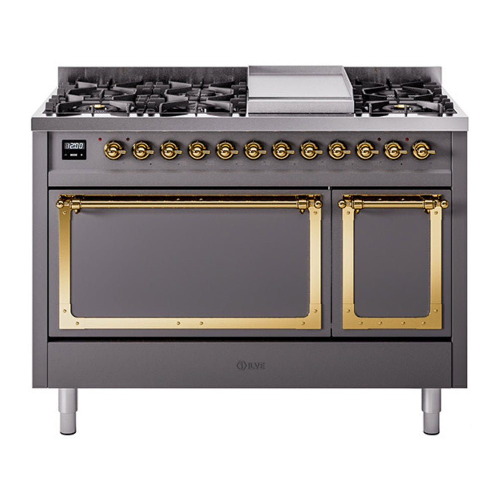 ILVE Nostalgie II Noblesse 48" Graphite Matte Dual Fuel Range with 8 Burners and Griddle Solid Door Natural Gas