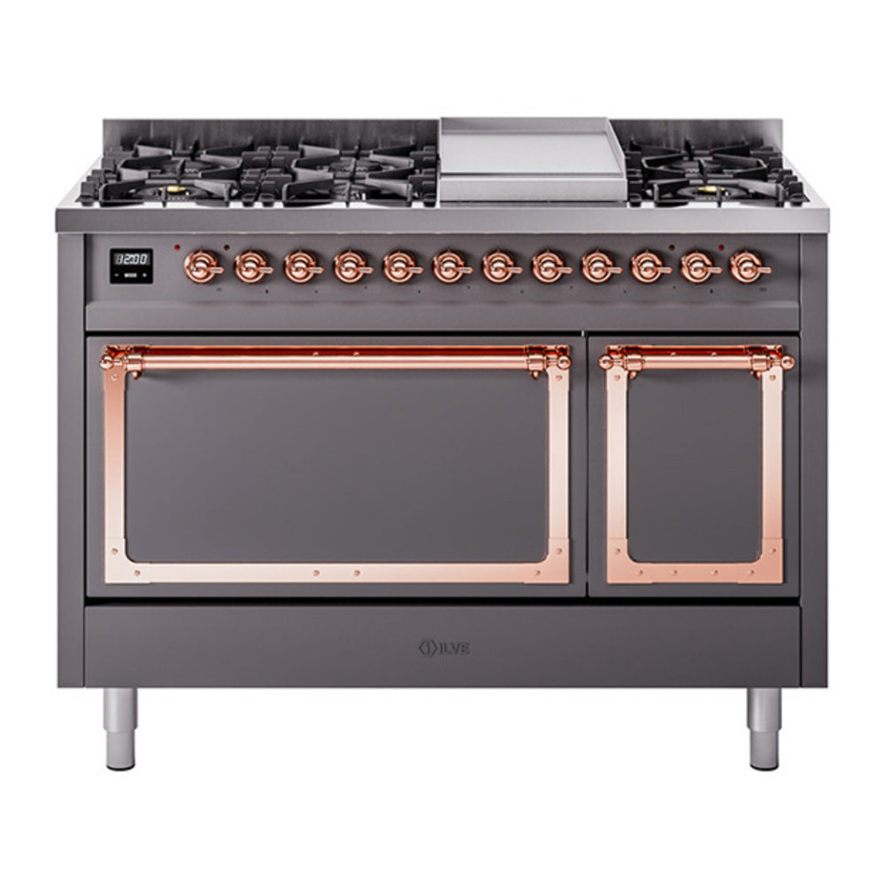 ILVE Nostalgie II Noblesse 48" Graphite Matte Dual Fuel Range with 8 Burners and Griddle Solid Door Natural Gas