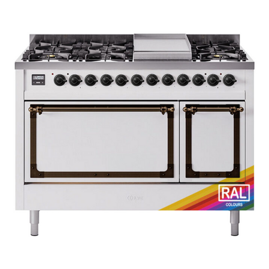 ILVE Nostalgie II Noblesse 48" RAL Dual Fuel Range with 8 Burners and Griddle Solid Door Natural Gas