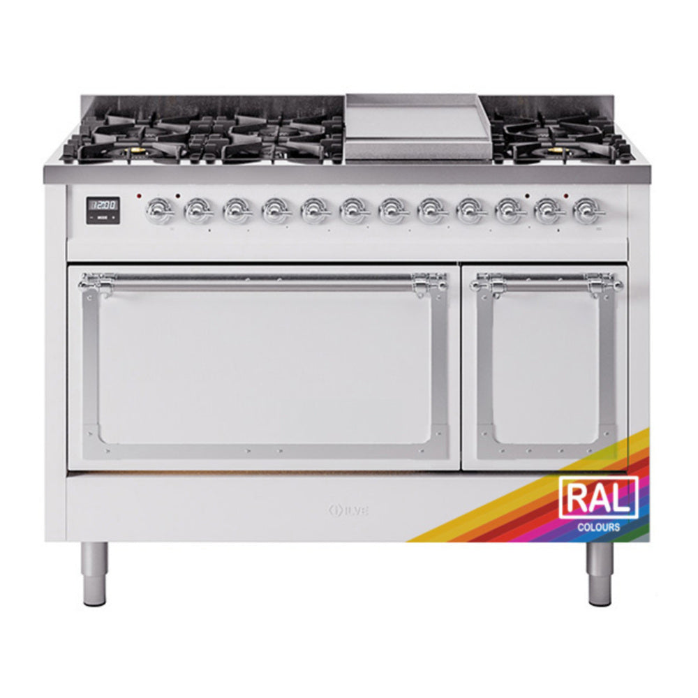 ILVE Nostalgie II Noblesse 48" RAL Dual Fuel Range with 8 Burners and Griddle Solid Door Liquid Propane