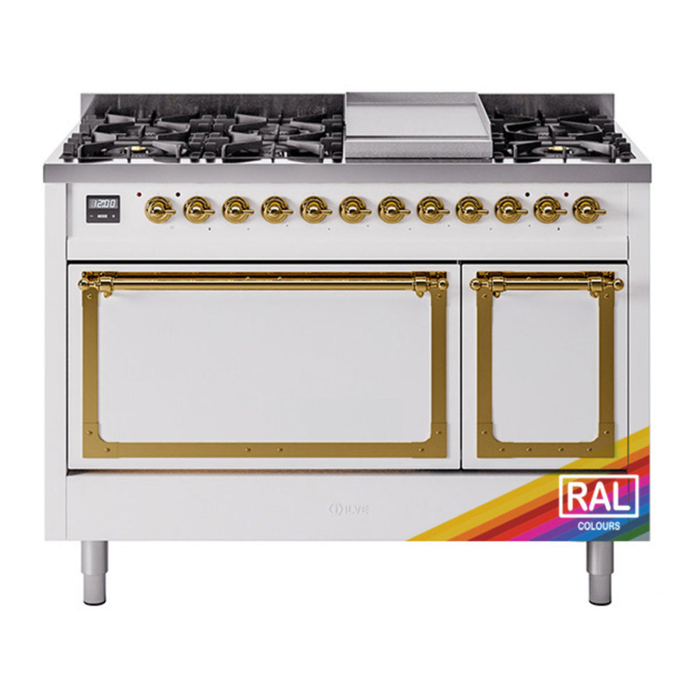 ILVE Nostalgie II Noblesse 48" RAL Dual Fuel Range with 8 Burners and Griddle Solid Door Natural Gas