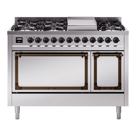 ILVE Nostalgie II Noblesse 48" Stainless Steel Dual Fuel Range with 8 Burners and Griddle Solid Door Natural Gas
