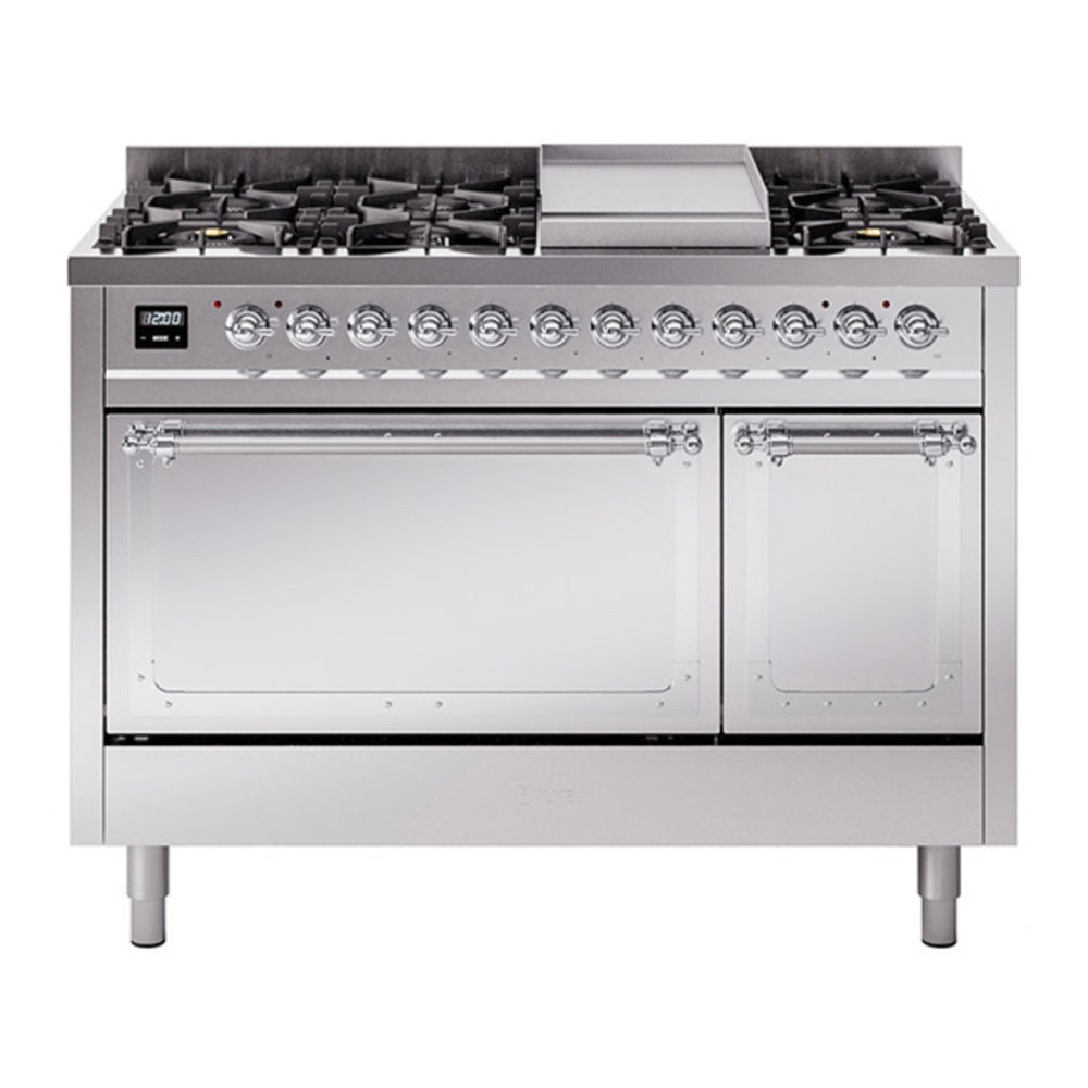 ILVE Nostalgie II Noblesse 48" Stainless Steel Dual Fuel Range with 8 Burners and Griddle Solid Door Natural Gas