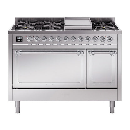 ILVE Nostalgie II Noblesse 48" Stainless Steel Dual Fuel Range with 8 Burners and Griddle Solid Door Natural Gas