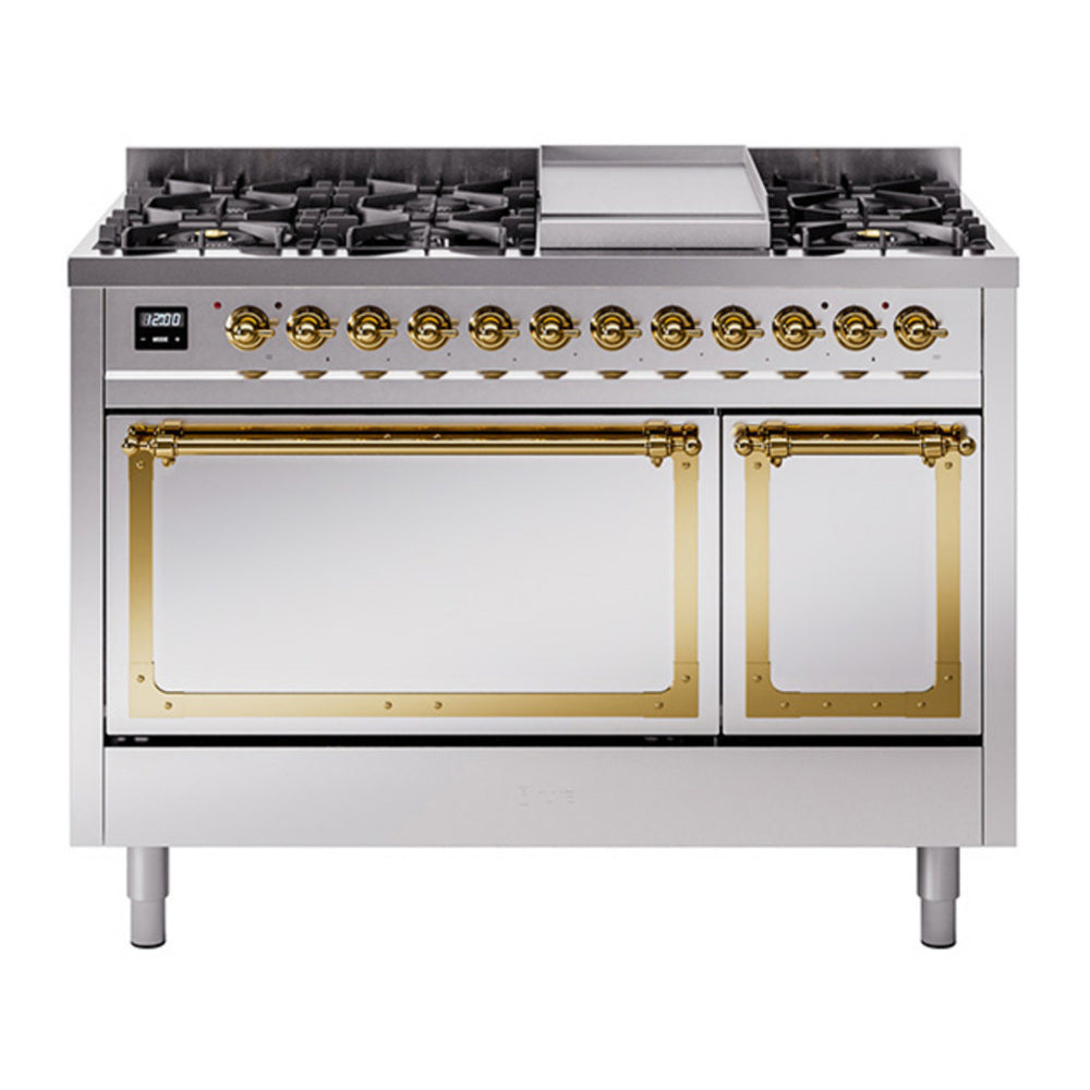 ILVE Nostalgie II Noblesse 48" Stainless Steel Dual Fuel Range with 8 Burners and Griddle Solid Door Natural Gas