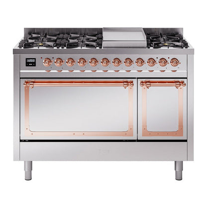 ILVE Nostalgie II Noblesse 48" Stainless Steel Dual Fuel Range with 8 Burners and Griddle Solid Door Natural Gas