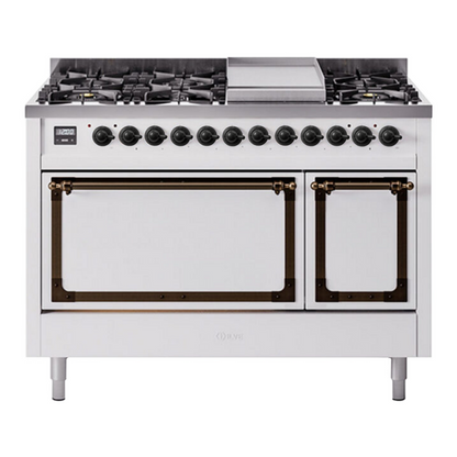 ILVE Nostalgie II Noblesse 48" White Dual Fuel Range with 8 Burners and Griddle Solid Door Liquid Propane